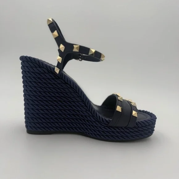 VALENTINO GARAVANI ROCKSTUD ROPE WEDGE SANDALS – NAVY - Picture 3 of 6